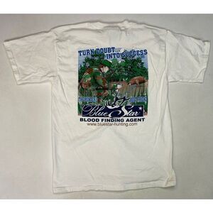 VINTAGE Blue Star Hunter Bear Graphic T-shirt Men Large Blood Finding Agent